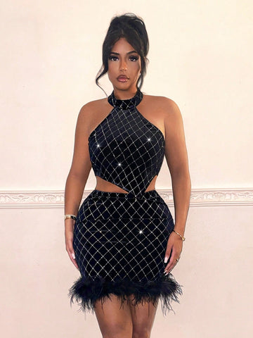 Women's Plaid Halter Neck Top With Rhinestone Decoration And Feather Trimmed Mini Skirt Two Piece Set