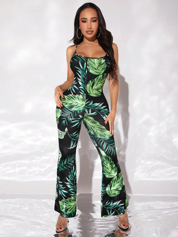 Women's Plant Print Halter Backless Flared Jumpsuit St Patrick Day Boho Summer Clothes Spring Break