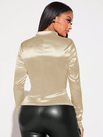 Women's Pleated Front Button Up Casual Elegant Blouse, Autumn