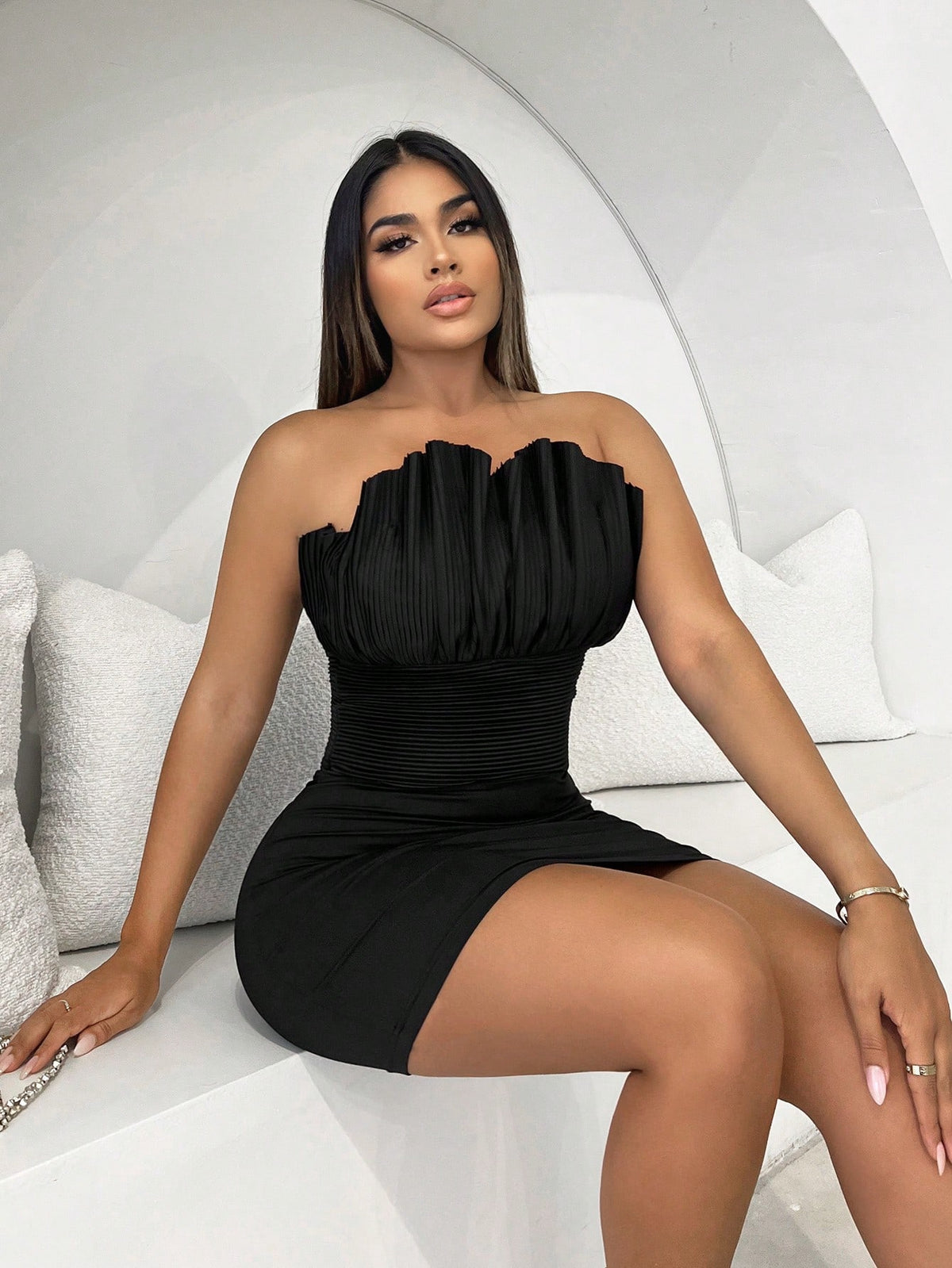 SXY Women's Pleated Splice Strapless Bodycon Mini Dress