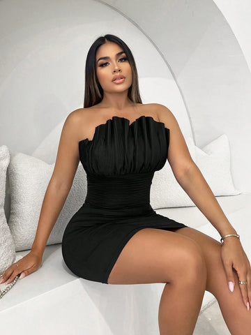 SXY Women's Pleated Splice Strapless Bodycon Mini Dress