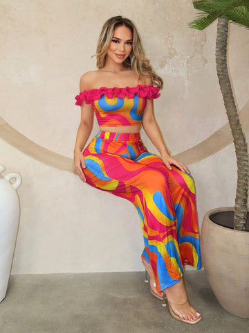 Women's Psychedelic Colorful Printed One Shoulder Top With Ruffled Hem And Wide Leg Pants Summer Vacation 2pcs Outfit