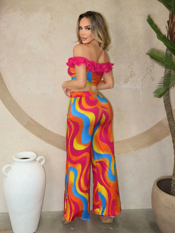 Women's Psychedelic Colorful Printed One Shoulder Top With Ruffled Hem And Wide Leg Pants Summer Vacation 2pcs Outfit
