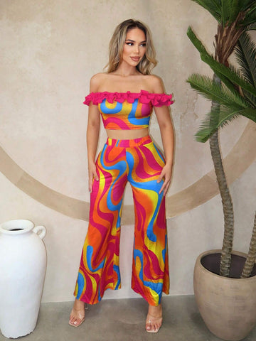 Women's Psychedelic Colorful Printed One Shoulder Top With Ruffled Hem And Wide Leg Pants Summer Vacation 2pcs Outfit
