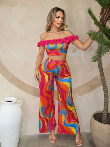 Women's Psychedelic Colorful Printed One Shoulder Top With Ruffled Hem And Wide Leg Pants Summer Vacation 2pcs Outfit