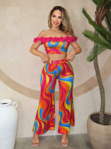 Women's Psychedelic Colorful Printed One Shoulder Top With Ruffled Hem And Wide Leg Pants Summer Vacation 2pcs Outfit