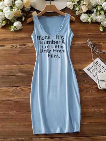 Women's Round Neck Letter Print Sleeveless Summer Dress