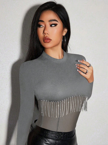 Fall Winter Clothing Knitted Ribbed Trimmed See-Through Jumpsuit With Rhinestone And Tassel Embellishment Red