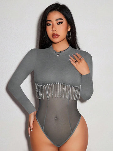 Fall Winter Clothing Knitted Ribbed Trimmed See-Through Jumpsuit With Rhinestone And Tassel Embellishment Red