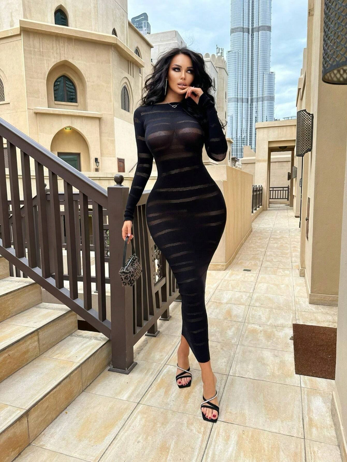 Women's Round Neck Sheer Long Sleeve Bodycon Dress