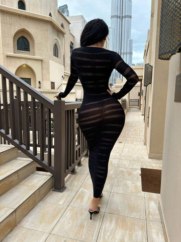 Women's Round Neck Sheer Long Sleeve Bodycon Dress