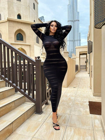 Women's Round Neck Sheer Long Sleeve Bodycon Dress