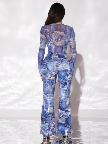 Women's Ruffle Mesh Hem Flared Denim Print Slim Fit Jumpsuit With Bell Sleeves