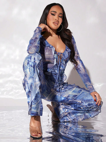 Women's Ruffle Mesh Hem Flared Denim Print Slim Fit Jumpsuit With Bell Sleeves
