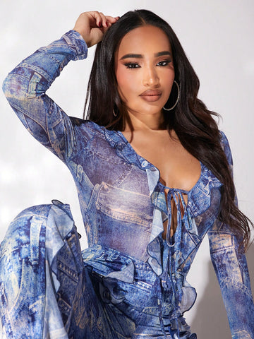 Women's Ruffle Mesh Hem Flared Denim Print Slim Fit Jumpsuit With Bell Sleeves