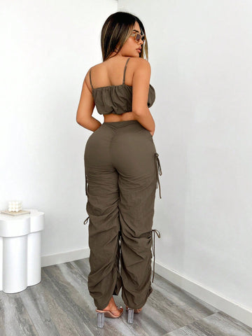 Women's Ruffle Trim Drawstring Nylon Cargo Tank Top And Distressed Jeans 2pcs Set