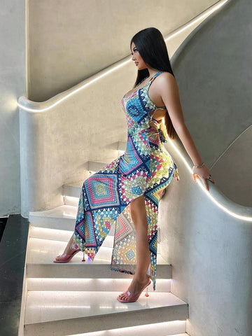 Women's Sexy Backless Cross-Strap Dress With Side Slits