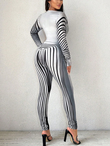 Women's Sexy Bodycon Jumpsuit With Graphic Print And Wavy Line Pattern, Great For Night Club, Music Festival And Street Party