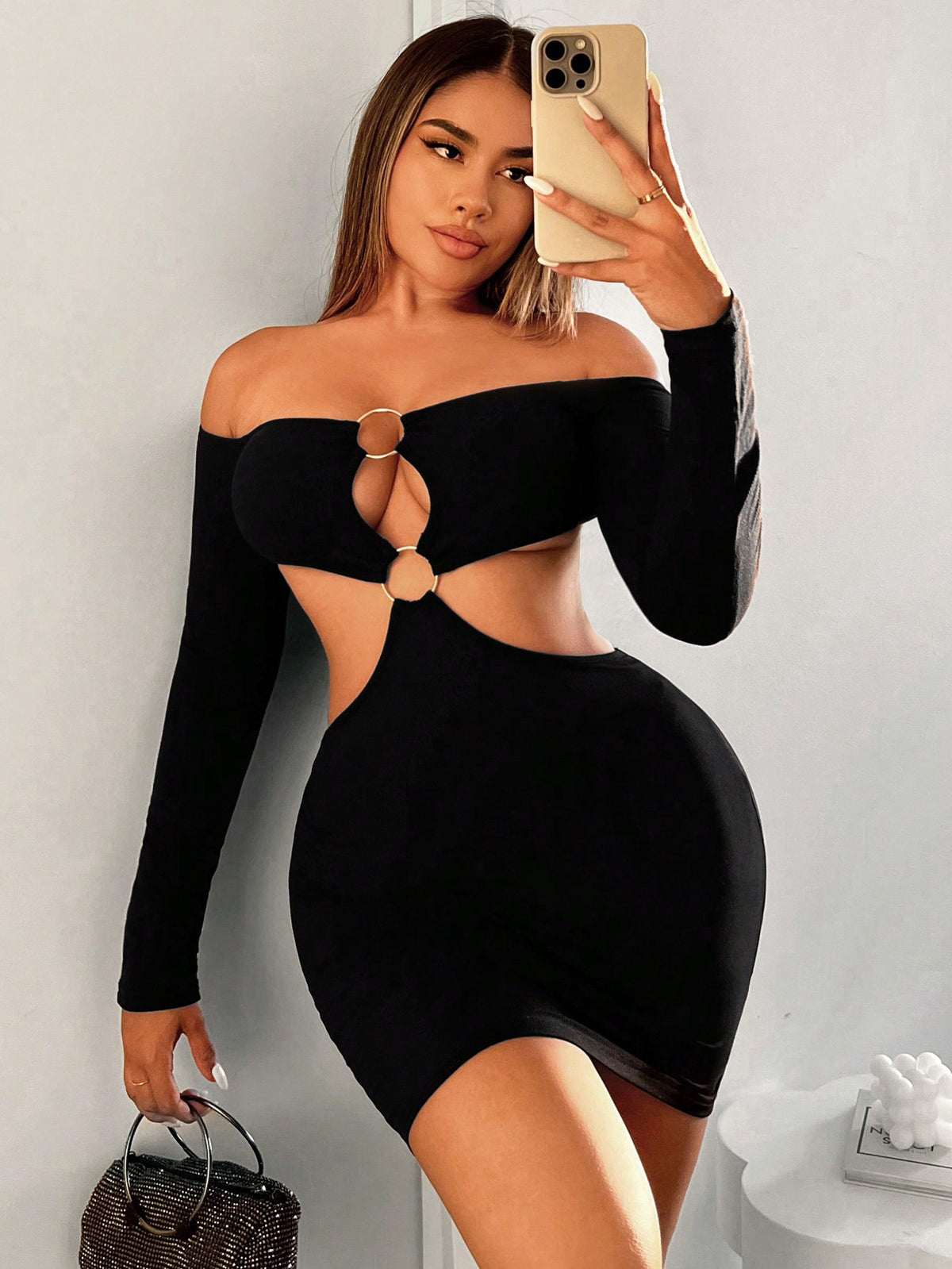 Women's Sexy Bodycon Long Sleeve Hollow Out Off Shoulder Mini Dress With Waist Cutout And Circula