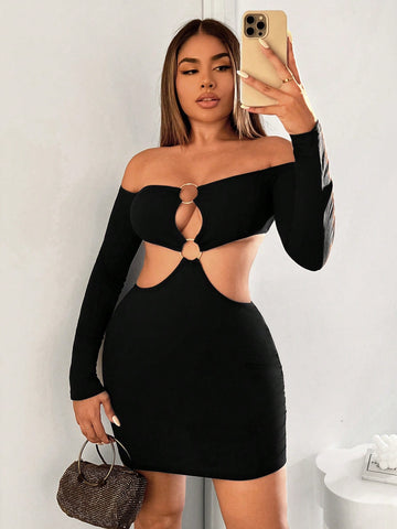 Women's Sexy Bodycon Long Sleeve Hollow Out Off Shoulder Mini Dress With Waist Cutout And Circula