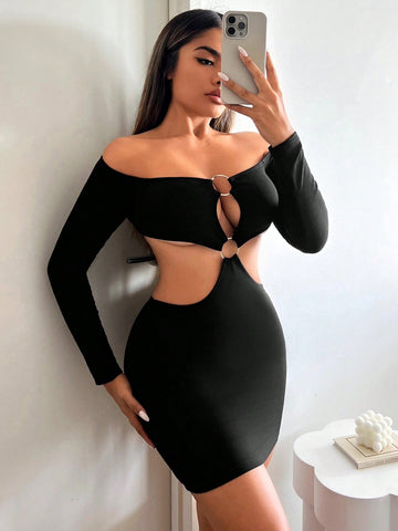 Women's Sexy Bodycon Long Sleeve Hollow Out Off Shoulder Mini Dress With Waist Cutout And Circula
