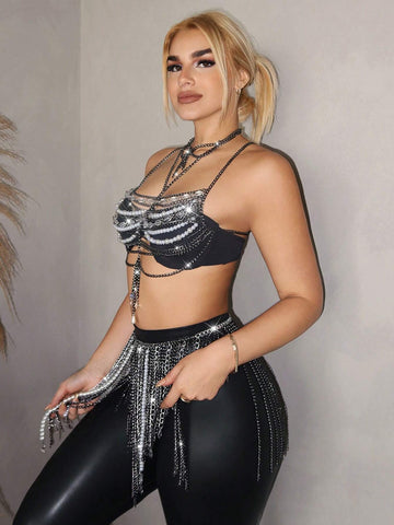 Women's Sexy Chain Backless Halter Tank Top And Mini Skirt 2-Piece Set, Summer