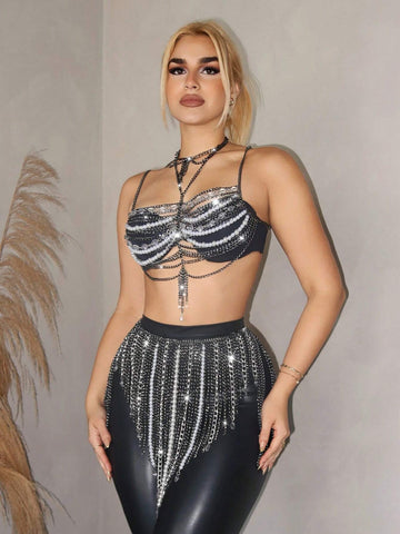 Women's Sexy Chain Backless Halter Tank Top And Mini Skirt 2-Piece Set, Summer