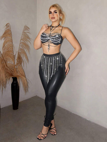 Women's Sexy Chain Backless Halter Tank Top And Mini Skirt 2-Piece Set, Summer