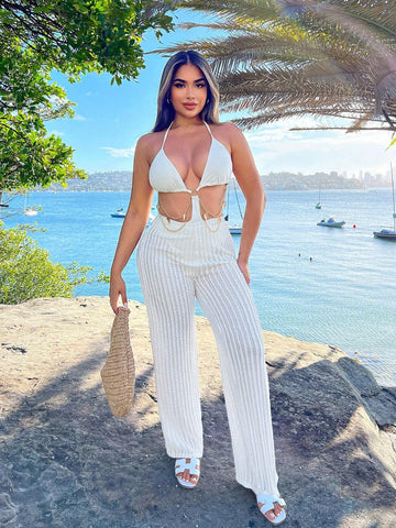 Women's Sexy Chain Decorated Hollow Out Halterneck Bodysuit