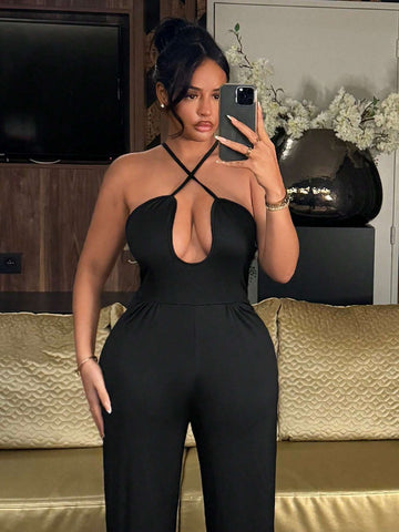 Women's Sexy Cross Strap Hollow Out Jumpsuit With Spaghetti Straps