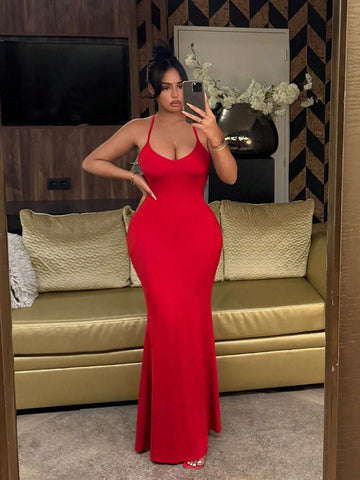 Women's Sexy Cross Strap Red Ballroom Evening Dress