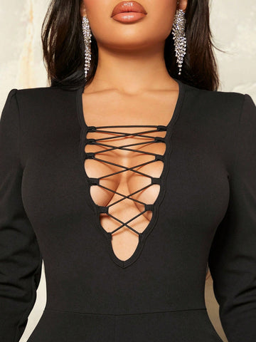 Women's Sexy Deep V Neck Crisscross Strap Long Sleeve Jumpsuit