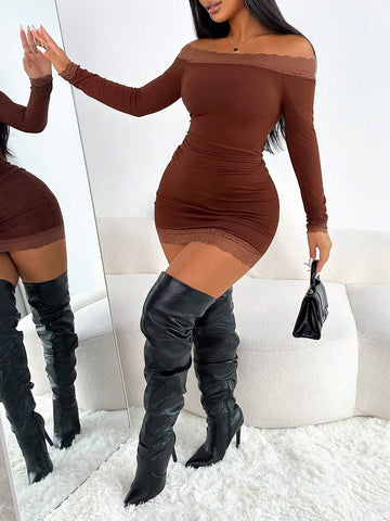 Women's Sexy Fitted Daily Date Party Off Shoulder Ruffle Patchwork Bodycon Mini Knit Dress,