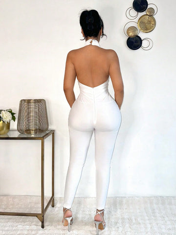 Women's Sexy Hollow Out Ruched 3D Floral Halter Neck Jumpsuit