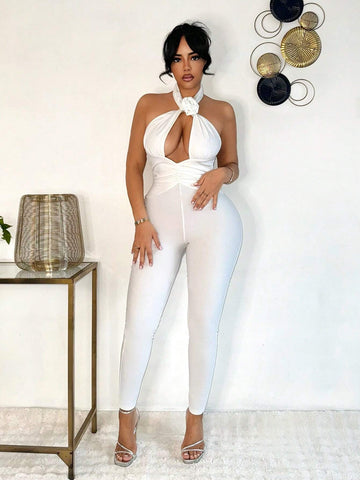 Women's Sexy Hollow Out Ruched 3D Floral Halter Neck Jumpsuit