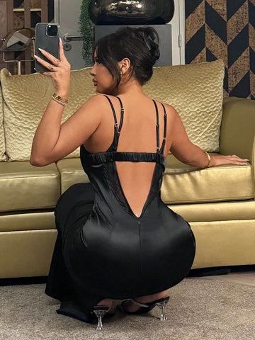Women's Sexy Lace Spliced Hollow Out High Slit Backless Cami Dress, Suitable For Summer