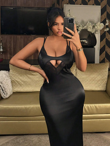 Women's Sexy Lace Spliced Hollow Out High Slit Backless Cami Dress, Suitable For Summer