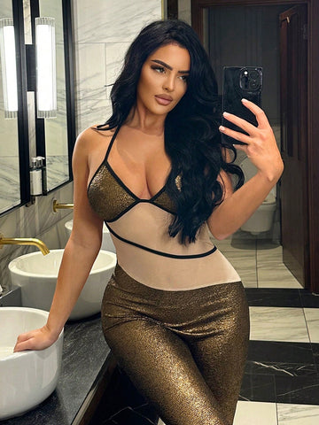 Women's Sexy Mesh Splicing Backless Halterneck Bodysuit