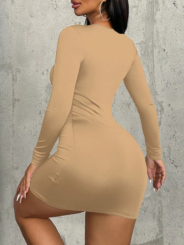 Women's Sexy Minimalist Solid Deep V-Neck Long Sleeve Form-Fitting Short Dress