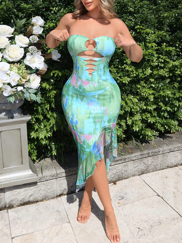 Women's Sexy Printed Off Shoulder Maxi Dress With Hollow Out Design, High Slit And Ruffle Hem For V