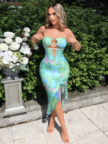 Women's Sexy Printed Off Shoulder Maxi Dress With Hollow Out Design, High Slit And Ruffle Hem For V