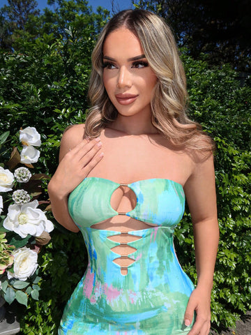 Women's Sexy Printed Off Shoulder Maxi Dress With Hollow Out Design, High Slit And Ruffle Hem For V
