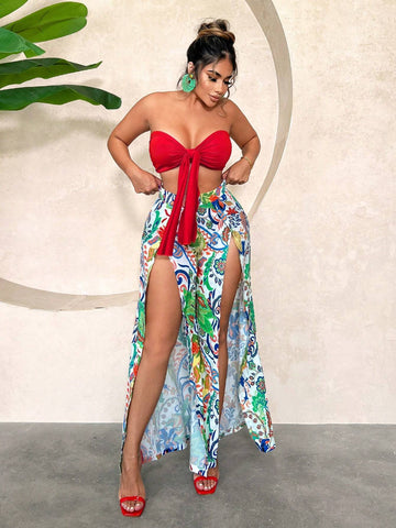 Women's Sexy Red Front Tied Cropped Top And Casual Flower Printed Split Hem Skirt Vacation 2pcs Outfits