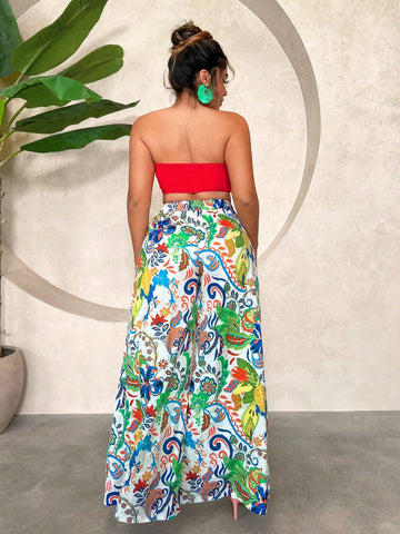 Women's Sexy Red Front Tied Cropped Top And Casual Flower Printed Split Hem Skirt Vacation 2pcs Outfits