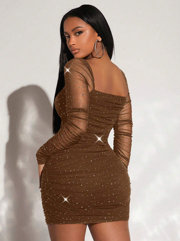 Women's Sexy Rhinestone Mesh Bodycon Mini Dress, Summer