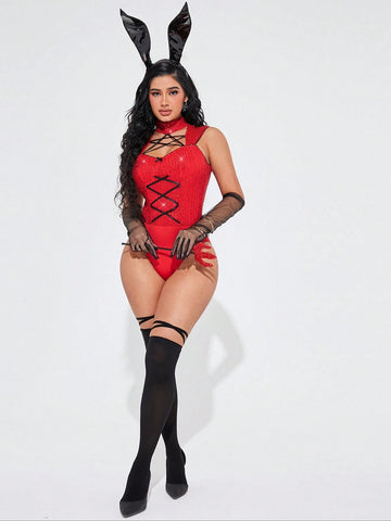 Women's Sexy Sequined Splice Hollow-Out Bodysuit