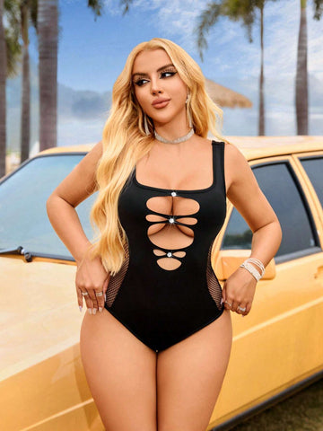 Women's Sexy Solid Color Square Neckline Hollow Out Bodysuit With Rhinestone Embellishment