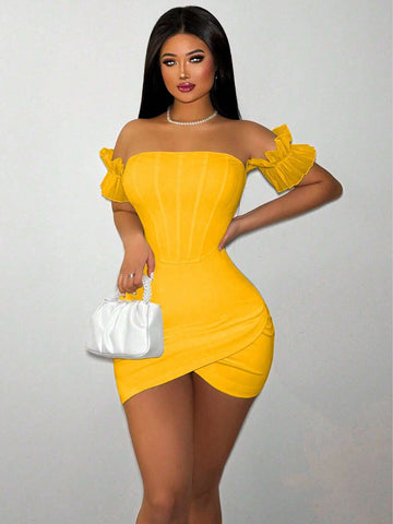 Women's Sexy Solid Off Shoulder Bodycon Mini Dress For Summer