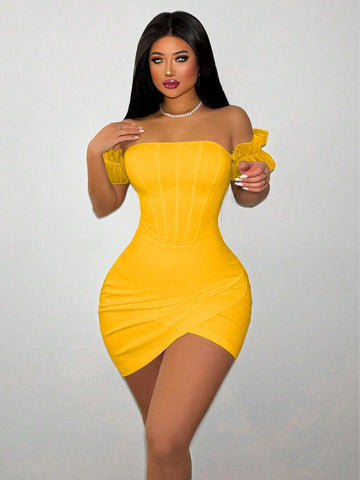 Women's Sexy Solid Off Shoulder Bodycon Mini Dress For Summer