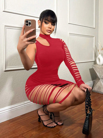Women's Sexy Street Fashionable Hollow Out One Shoulder High Slit Bodycon Dress